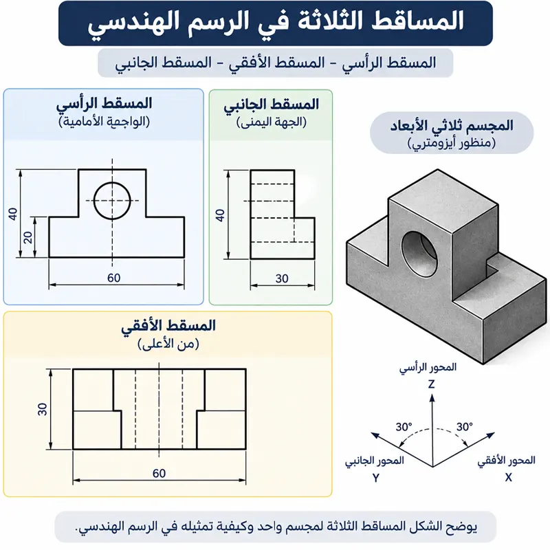 مدرس رسم هندسي للمعاهد التطبيقية بالكويت 2 توضيح العلاقة بين المسقط الرأسي والأفقي والجانبي للمجسم الهندسي
