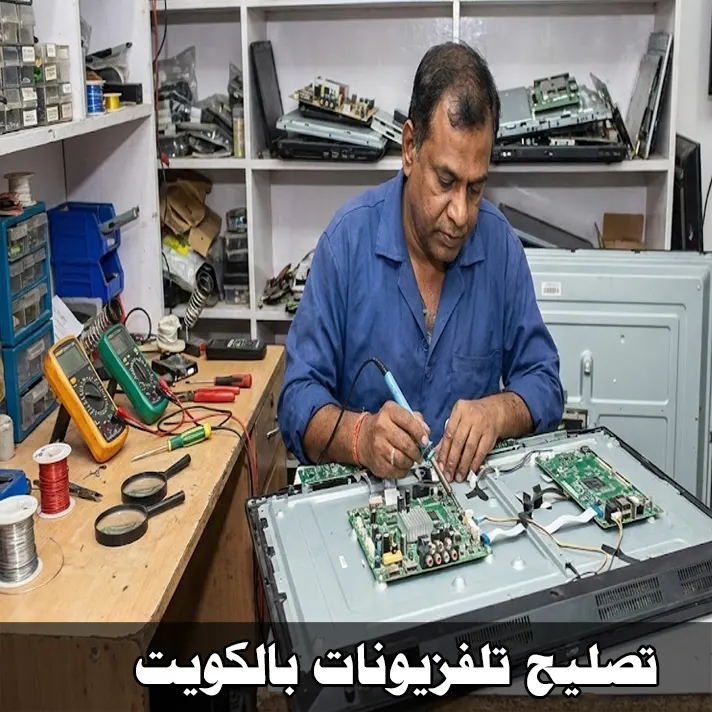 تصليح تلفزيونات في الكويت داخل ورشة صيانة مع فني يقوم بإصلاح لوحة التلفزيون.