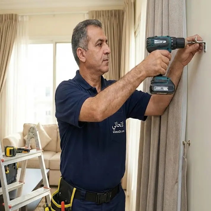 عامل يقوم بتركيب ستائر باستخدام مثقاب كهربائي داخل غرفة معيشة في الكويت، مع أدوات العمل والستائر الجاهزة للتركيب.