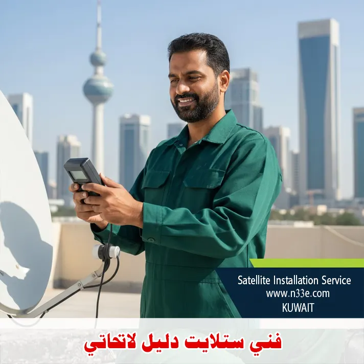 فني ستلايت محترف يقوم بضبط إشارة طبق الدش في الكويت باستخدام جهاز قياس الإشارة مع خلفية أبراج العاصمة.