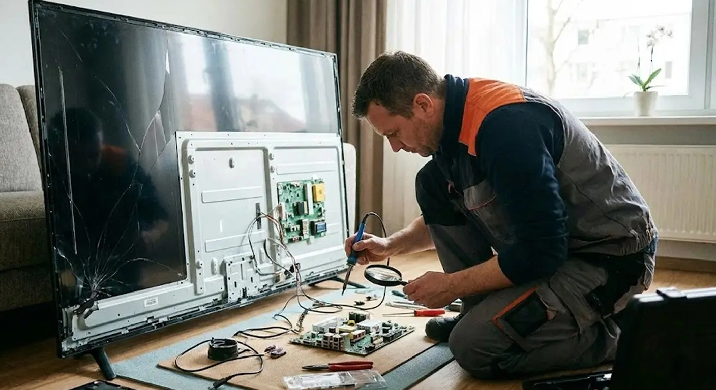 فني متخصص يقوم بتصليح شاشة تلفزيون داخل المنزل باستخدام أدوات دقيقة لضمان عودة الصورة بجودة عالية