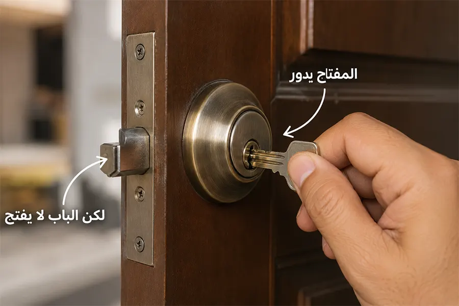 المفتاح يدور في القفل والباب لا يفتح ما السبب والحل؟ 1 المفتاح يدور في القفل والباب لا يفتح بسبب عطل في اللسان أو آلية القفل