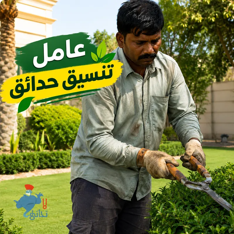 عامل تنسيق حدائق بالكويت أثناء تقليم الشجيرات